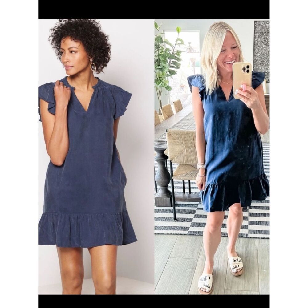 Evereve Blue Ruffle Shirt Dress Navy Medium Pockets V Neck Pullover